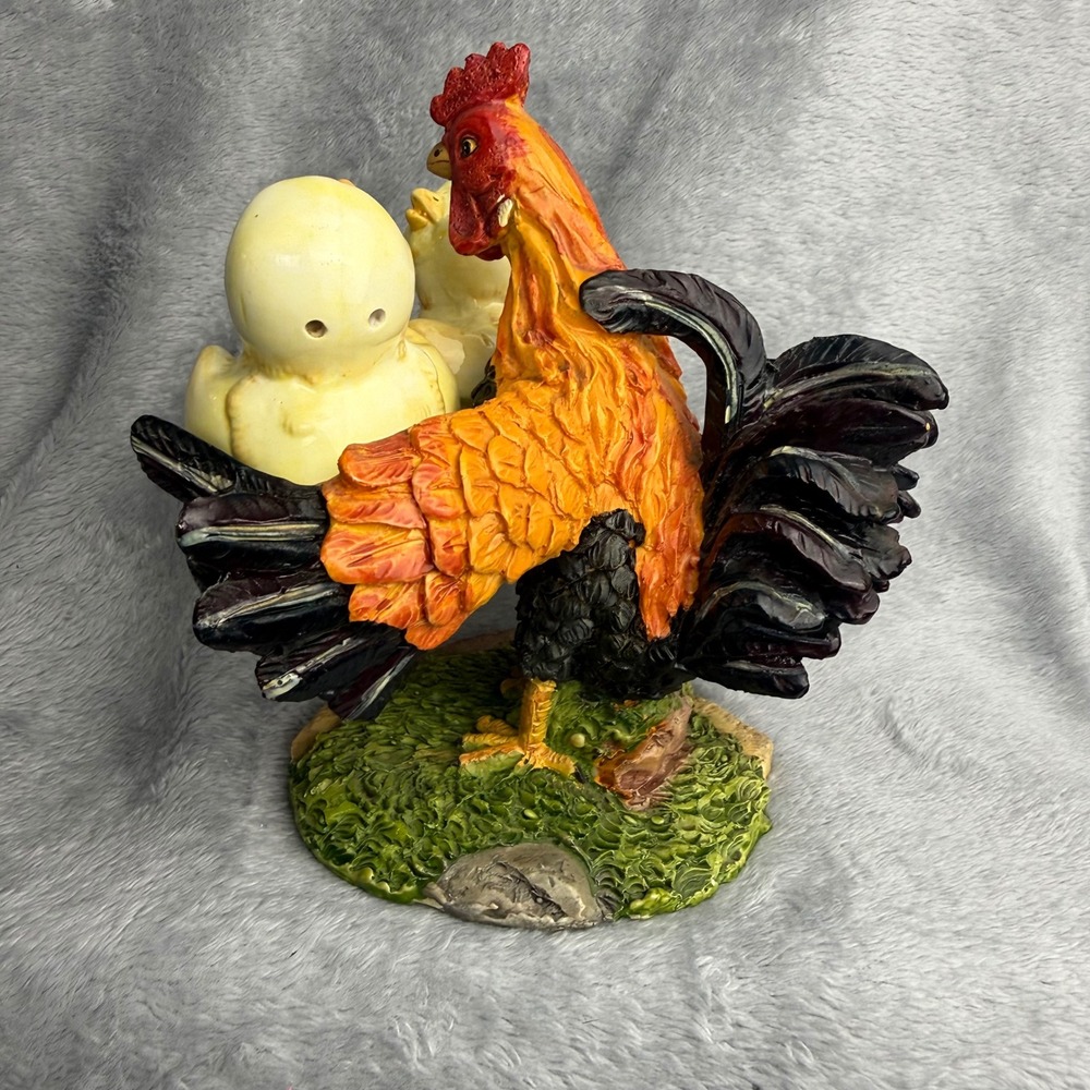 Rooster and Chicks Salt and Pepper Shaker Set with Caddy Farmhouse Decor Resin - Picture 4 of 7